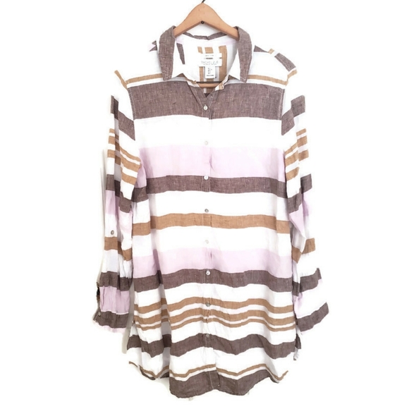 Rachel Zoe‎ Linen Striped Colorblock Tunic Button Down Brown Tan Pink Size Large - Picture 1 of 12